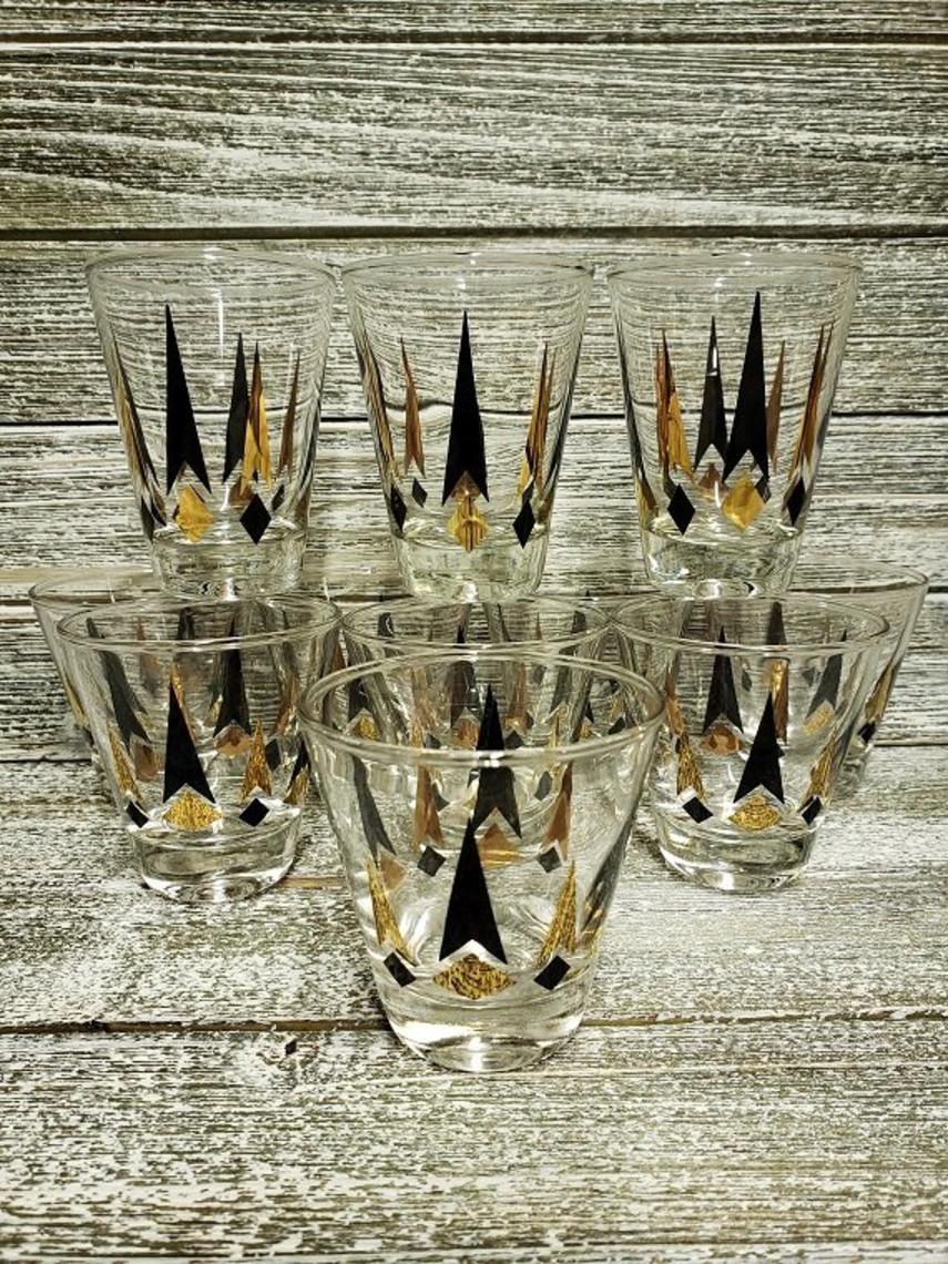Vintage Clear Glass Black Pyramid Drinking Glasses Mid Century Drinkware  Modern