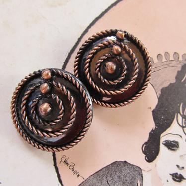 Vintage Copper Earrings, Spiral Abstract, Disc, Braid Trim, Statement, 60s 70s 