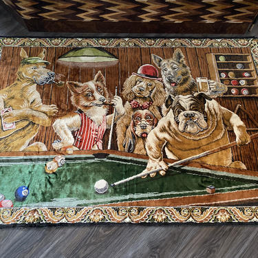 Huge Vintage 1970s Wall Tapestry Dogs Playing Pool 