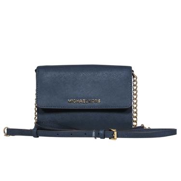 Michael Kors - Small Navy Textured Leather Fold-Over Gold Chain Wallet Crossbody