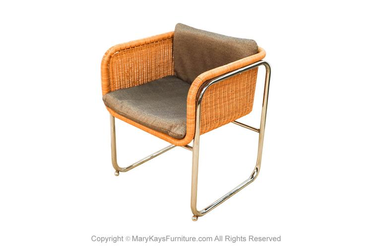 Harvey Probber Mid Century Wicker and Chrome Cantilever Dining Chair 