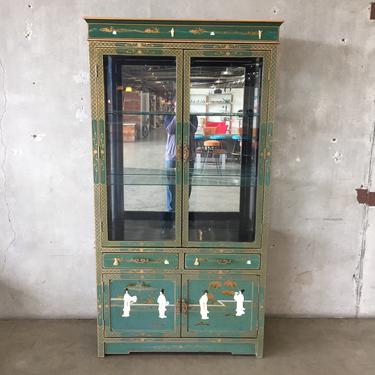 Vintage Mother of Pearl &amp; Coral Inlaid Glass Door Cabinet