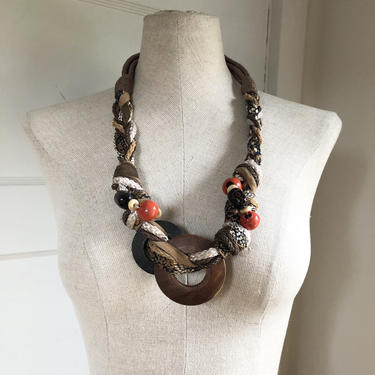 1980s Wooden Bead Mixed Media Statement Necklace 