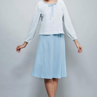 knit skirt set white blue stripes long sleeves a-line vintage 70s flawed M MEDIUM 