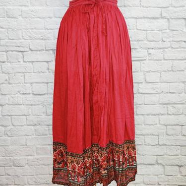 Vintage 80s Red Cotton Hippie Skirt // Drawstring Midi Boho 