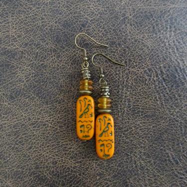 Egyptian African earrings, bold statement earrings, ethnic tribal earrings, hieroglyphic earrings, orange Afrocentric earrings, mythology 