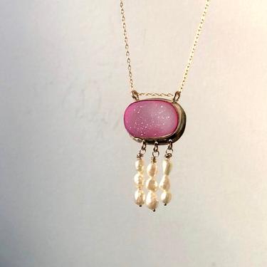 Pink Drusy and Pearl Fringe Pendant Handmade Sculptural Necklace 