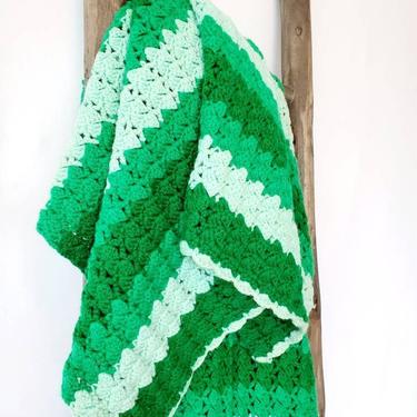 Vintage Hand Crocheted Green Ombre Throw Blanket 