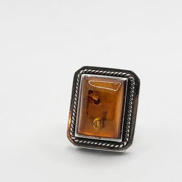 Sterling Silver Framed Amber Large Rectangular Solitaire Statement Ring by Lori Bonn. Signed 