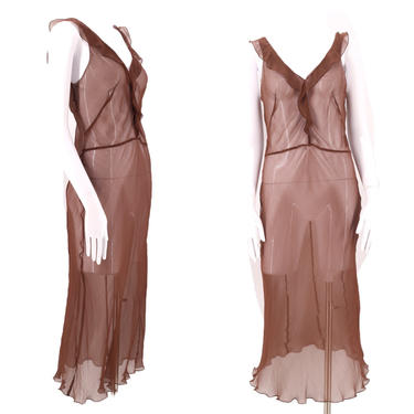 90s ALBERTA FERRETTI chocolate silk chiffon slip dress 8 / vintage 1990s designer sheer lingerie bias cut dress M 