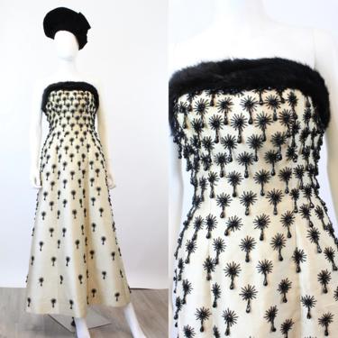 1960s JET BEADED strapless silk fur gown dress xs  | new winter 