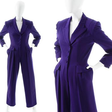 Vintage 1980s Jumpsuit | 80s ESCADA Royal Purple Wool Tailored Tuxedo Long Sleeve Full Length Formal Jumpsuit (small) 