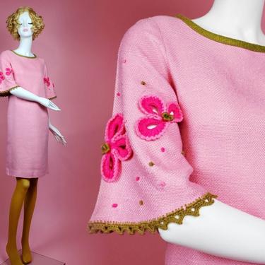 Vintage 60s pink Phil Rose shift dress. Floral crocheted embellishments. (Size S) 