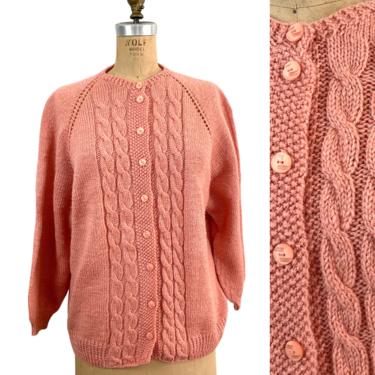 Peach cable knit cardigan sweater - vintage hand knit - size large 