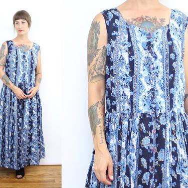 Vintage 90's Blue Rose Floral Midi Dress / 1990's Floral Roses Dress / Cotton Sun Dress / Rose Print Dress / Women's Plus Size 2X 3X by Ru