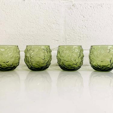 Vintage Avocado Geen Anchor Hocking Lido Milano Crinkle Glass Glasses Set of Four Roly Poly Rocks Textured Old Fashioned 1960s 1970s Nubby 