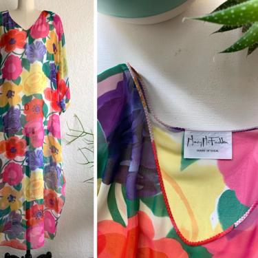 Vintage Sheer Silky Chiffon Floral Dress / Kaftan / Mary McFadden Loungewear | OSFM 