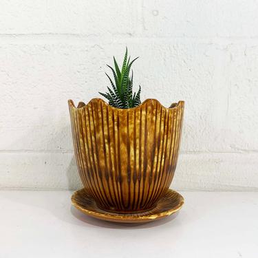 Vintage McCoy Plant Pot Pottery Brown Amber Drip Glaze Planter Brush Attached Saucer Mid-Century Pot Made in the USA 1950s 50s MCM Golden 