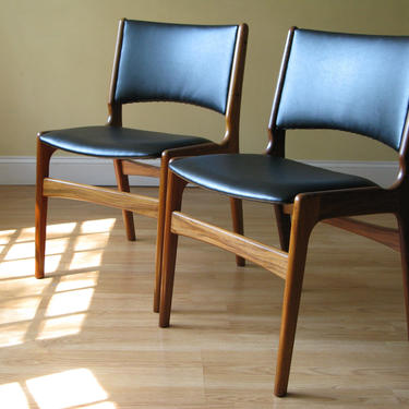 Set of Two Erik Buch Teak Chairs in Black Faux Leather, set of six, set of 8, set of 10, set of 12 available 