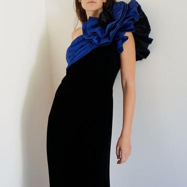 Nina Ricci Haute Boutique 1980s Silk and Velvet One Shoulder Dress with Floral Embellished Puff Sleeve Shoulder Evening Dress Blue Black 