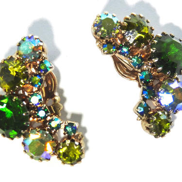 1960s Greens Aurora Borealis Rhinestone Earrings 