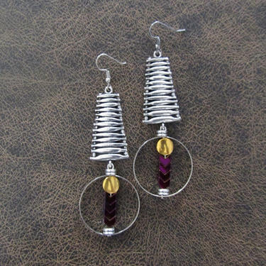 Brutalist statement earrings, bold industrial earrings, geometric mid century modern earrings, purple hematite earrings, ethnic tribal 