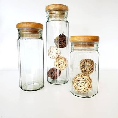 Vintage Tall Storage Jar Set w/ Teak Lids 