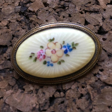 Antique French Guilloche Enamel Floral Brooch 