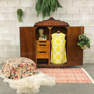 LOCAL PICKUP ONLY Antique Wardrobe Retro 1930s Brown Wood 2 Cabinet + 3 Drawer + Hangbar + Visible Wood Grain + Dresser for Clothing Storage 