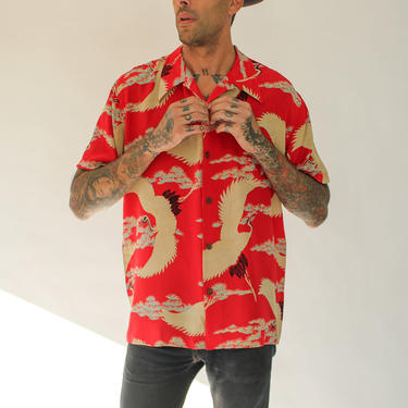Vintage 1950s Style Avanti Hawaiian Red and Cream Crane Print Silk Shirt | 100% Silk | Size Large | RARE | Designer Loop Collar Silk Shirt 