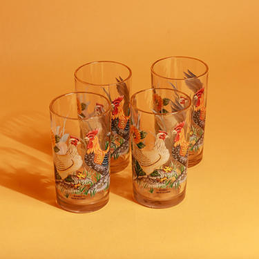 Set of 4 Vintage 70s Chicken Hen Sunflower Print Gold Glass Cups 