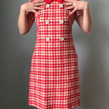 vintage 60s SAKS FIFTH AVENUE mod shift dress | red and white checkered wool shirt sleeve dress 