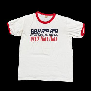 80s World Cheerleader Council T Shirt - Medium | Vintage White Red Ringer Graphic Tee 