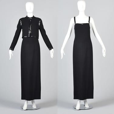 Small Elegant Full Length Black Gown Two Piece Evening Dress Luis Estevez Long Sleeve Jacket Vintage 1970s 70s Sleeveless Formal Maxi Dress 