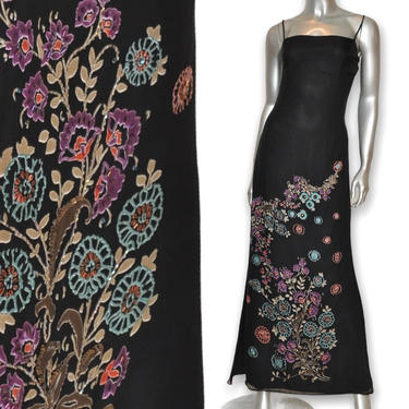 90’s Black Silk Evening Gown Dress by Adrianna Papell with Floral Print Accents 