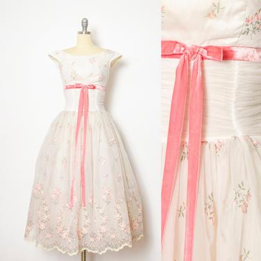1950s Dress Chiffon Floral Full Skirt XS 