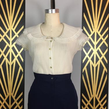 1950s blouse, sheer white nylon, vintage 50s blouse, portrait collar, medium, knife pleats, see through, rhinestone buttons, mrs maisel, 36 