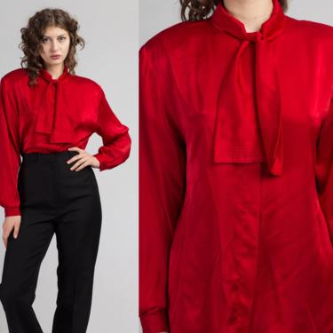 Vintage Evan Picone Red Ascot Blouse - Large | 80s Silky Long Sleeve Button Up Top 