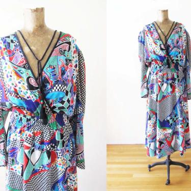 Vintage 80s Dress - Diane Freis Dress - Bohemian Dress - Ruffle Dress - 80s Abstract Dress - Harlequin Houndstooth Maxi Dress S M 