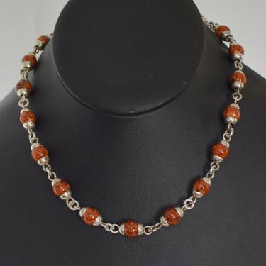 80's mahogany obsidian sterling modernist necklace, edgy 925 silver capped brown striped lava glass beads choker 