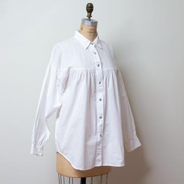 1990s Bill Blass Shirt / 90s White Cotton Button Down Poets Blouse 