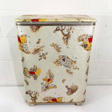 Vintage Classic Winnie the Pooh Wood Vinyl Clothes Hamper Bin Quilted Laundry Basket Retro Storage Container Bathroom Kid's Room Nursery 