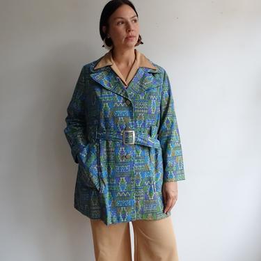 Vintage 60s Tapestry Print Jacket/ 1960s Belted Coat/ Size XXL Plus Size 2XL 