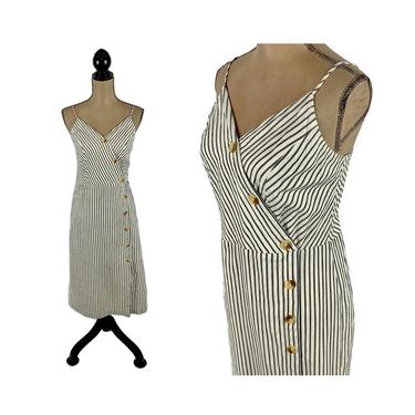90s Y2K Navy & White Striped Cotton Summer Dress Small, Spaghetti Strap Button V Neck Midi Sundress, Casual Clothes Women Vintage Clothing 