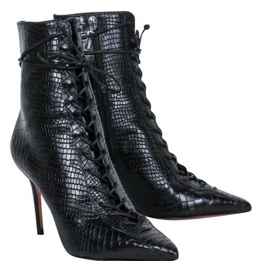 Schutz - Black Leather Reptile Embossed Lace-Up Stiletto Booties Sz 8.5
