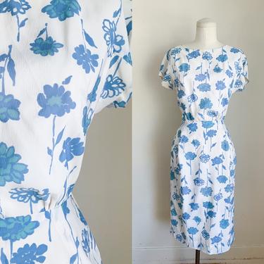 Vintage 1960s Blue & White Floral Wiggle Dress / XS 