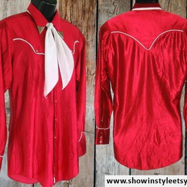 Rockmount Vintage Western Men's Cowboy and Rodeo Shirt, True Red with White Piping, Tag Size 15.5 Medium (see meas. photo) 