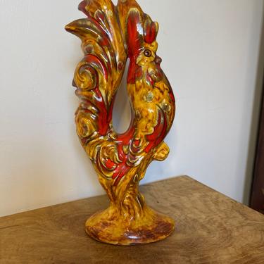Vintage Handmade Ceramic Mid Century Modern Chicken Bird Sculpture Signed Red Yellow Hand Painting 