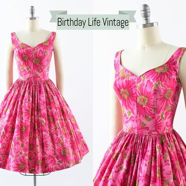 Vintage 1950s Dress | 50s Hot Pink Floral Cotton Sundress Full Skirt Day Dress (x-small) 