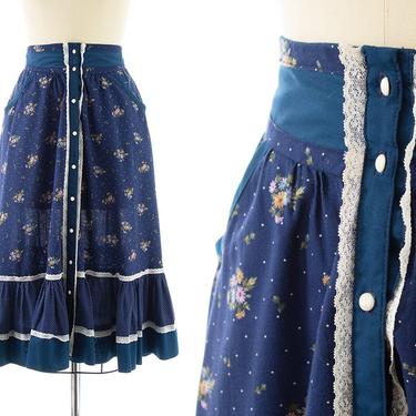 Vintage 1970s Skirt | 70s Gunne Sax Style Floral Polka Dot Printed Navy Blue Cotton Prairie Boho Tiered Full Folk Skirt (x-small/small) 